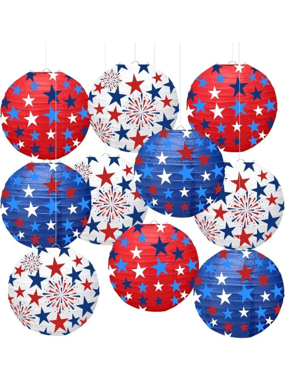 Patriotic 4th of July Paper Lanterns - Red, White & Blue Hanging Decor, 10PCS